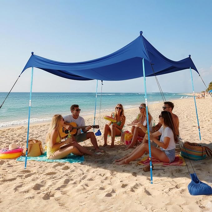 CROWN SHADES 10x10 Beach Tent Sun Shelter Easy Pop Up Beach Canopy Shade Portable Outdoor Carpas UPF50+ Includes 4 Poles Adjustable Aluminium Extra-Large Big Sand Shovel Dark Blue