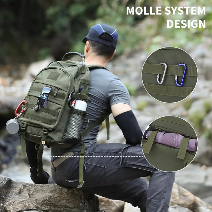 HUNTVP Military Tactical Backpack 40L Large Army 3 Day Pack Molle Bag Backpacks WR Hunting Rucksack (Army Green)