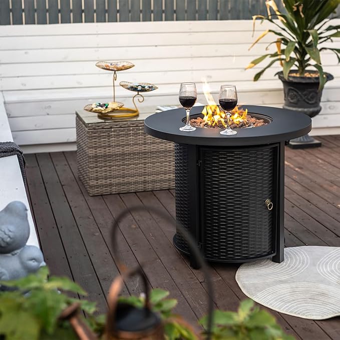 30'' Round Propane Fire Pit Table 50000 BTU Steel Gas FirePit for Outdoor Fire Table with Lid Add Warmth &amp Ambience to Gatherings and Parties On Patio Deck Garden Backyard Black.
