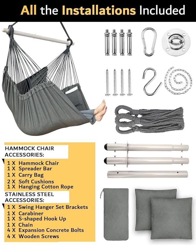 XXL Hammock Chair Hanging Rope Swing with 2 Cushions - Max 500lbs-Perfect for Patio Porch Bedroom Backyard Indoor or Outdoor - Includes Hanging Hardware Kits