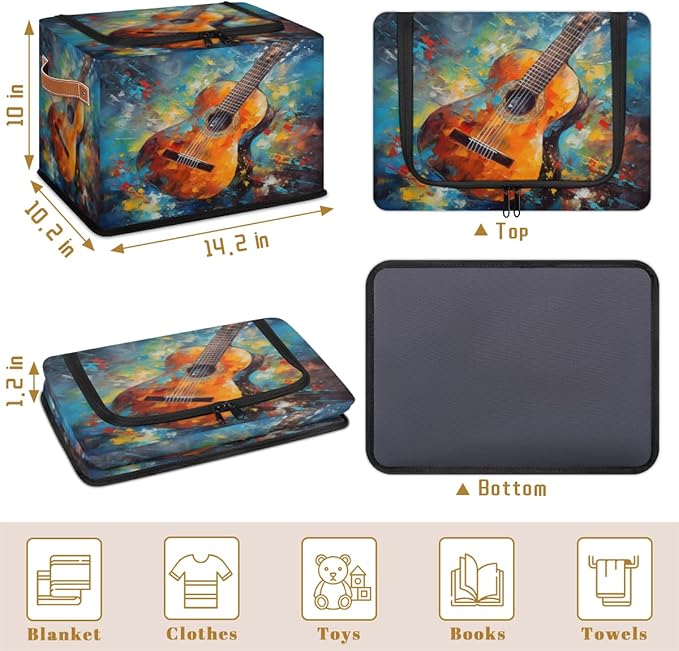 Watercolor Guitar Storage Box with Lid Music Collapsible Storage Bins Baskets Cubes Closet Shelf Clothes Organizer Containers with PU Leather Handles