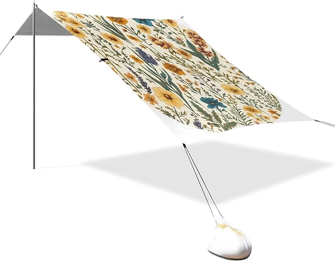 Spring Flowers Daffodil Iris Succulent Plants Beach Cabana Tent UPF50+ Easy Setup Shade Sun Shelter with Sand Shovel for Backyard and Camping