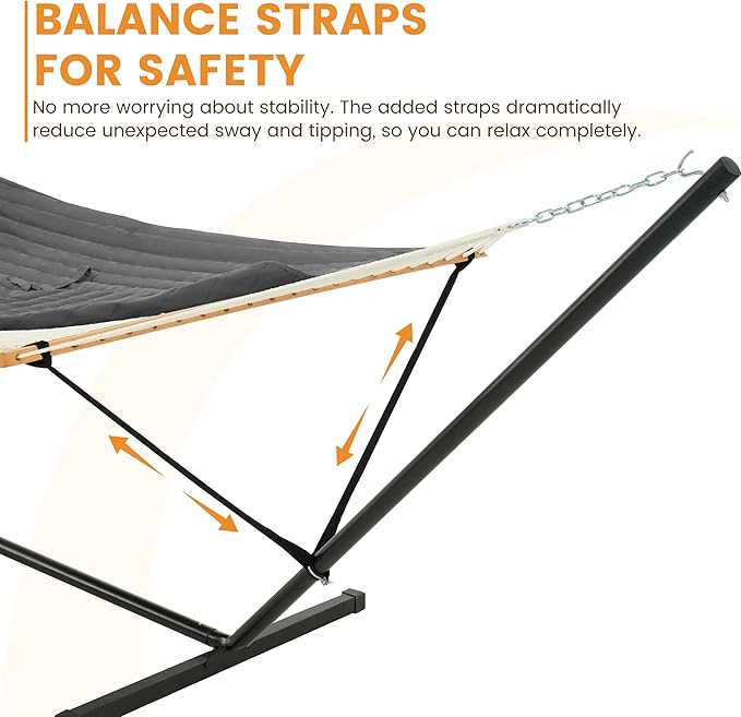 Lazy Daze Hammocks 2 Person Portable Hammock with 12FT Stand Double Hand Woven Cotton Rope Hammock with Detachable Quilted Pad &amp Pillow for Outside 450lb Capacity Grey