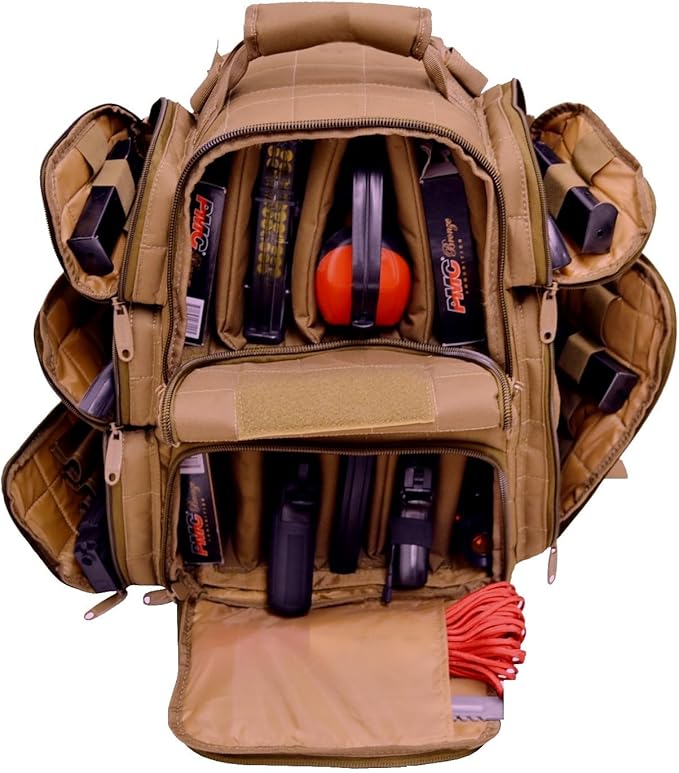 Backpack + Range Bag with Large Padded Deluxe Tactical Divider and 9 Clip Mag Holder - Rangemaster Gear Bag Explorer Tan