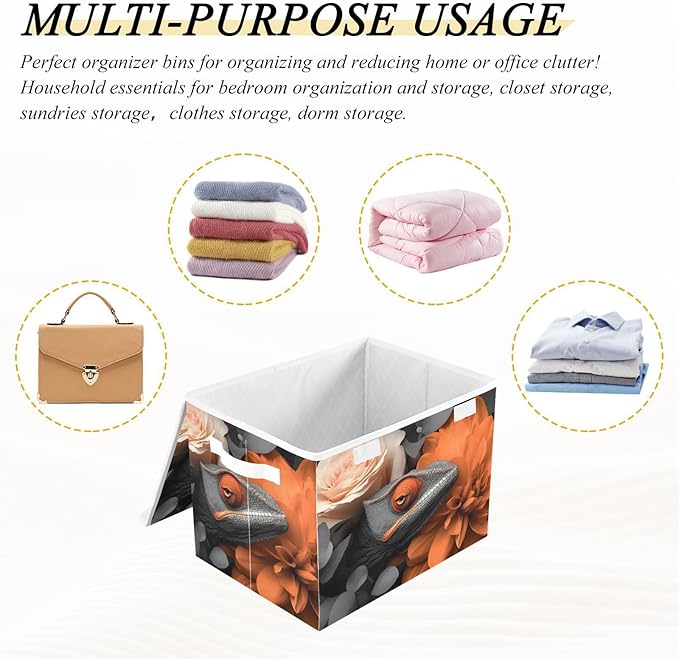 AIXIWAWA Lidded Storage Cube (Chameleon Floral) Fabric Foldable Closet Bins with Flip Lid and Handles Organizer Basket Container 16.5 x 12.6 x 11.8 IN