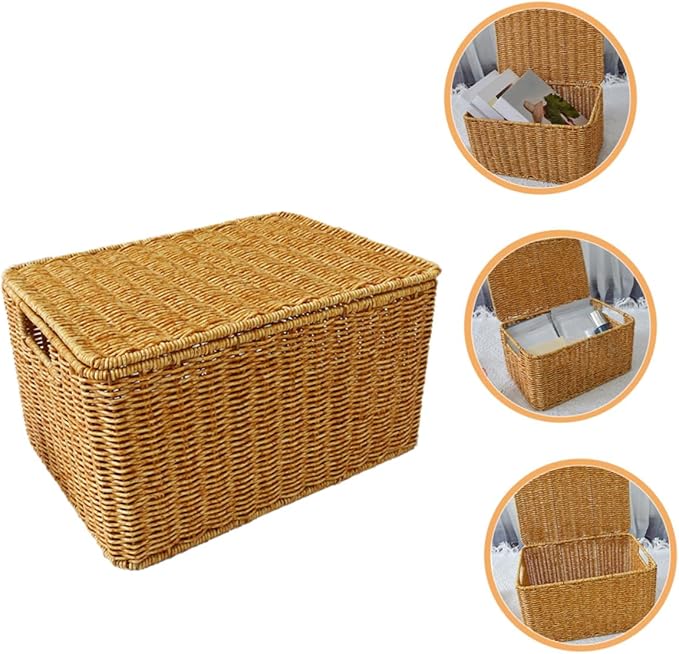 Garneck Faux Rattan Storage Box with Lid Small Sundries Organizer for Bedroom Wardrobe Living Rustic Style Household Storage Bin for Clothes and Books Practical Tiny House Furniture
