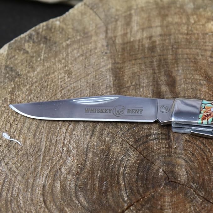 WHISKEY BENT HAT CO. Traditional Trapper Folding Pocket Knife 4.125 Closed Length 440C Stainless Steel Blades (Tooled Rancher)