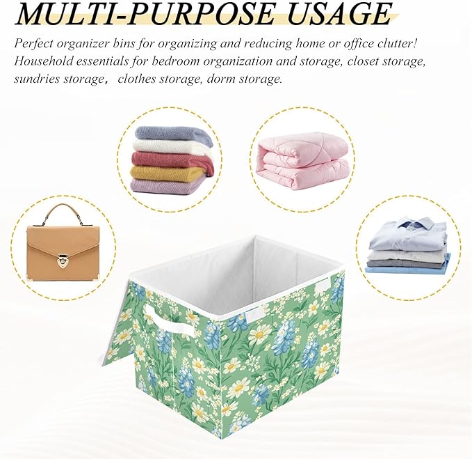 Mint Green Bluebonnet and Daisy Flowers Collapsible Storage Bins with Lids Decorative Fabric Cubes Closet Organizer Basket Boxes Containers for Clothes Box Chest