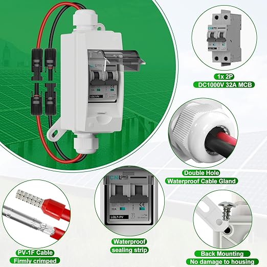 Solar Disconnect Switch 32A DC1000V Circuit Breaker 2P with PV Connector and IP65 Small Breaker Box and Wall Hooks for Outdoor PV Stystem Battery PV Array MCB