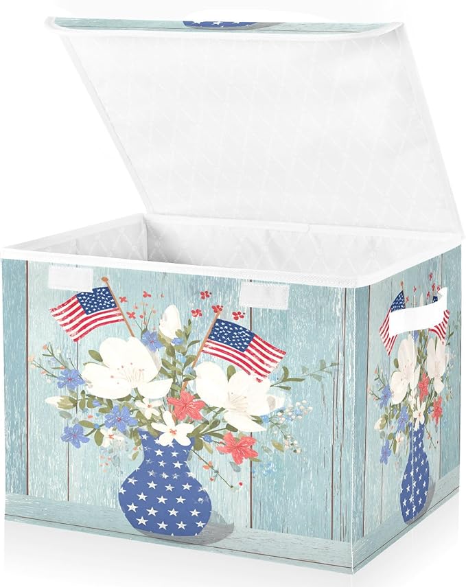 Wood Grain Flowers 4th July Storage Box with Lid 1 PC Foldable Storage Bin with Lids Stackable Storage Bins Cube Closet Organizer Basket with Flip-Top Lid &amp Handles for Shoes Books Towels