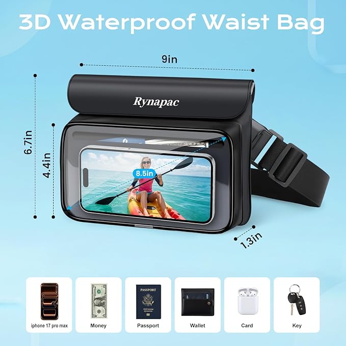 IPX8 Waterproof Fanny Pack [Up to 8.5] Waist Bag for Women Floating Phone Pouch Dry Bag for iPhone 17 16 15 Pro Max Passport Wallet Card Travel Beach Kayaking Boating Essentials 2 Pack