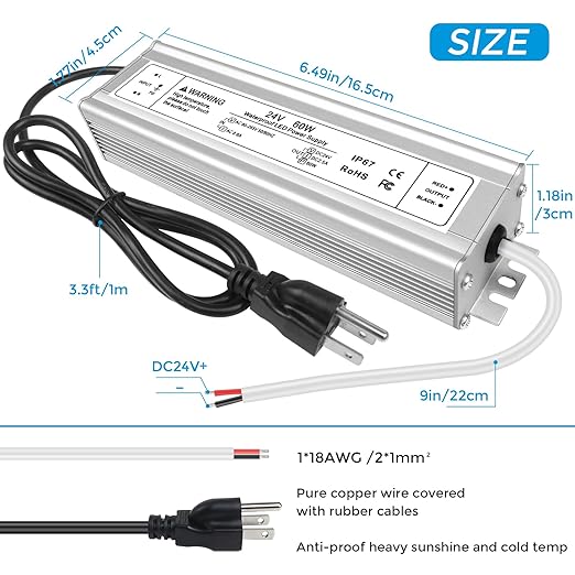 24V 60W LED Power Supply IP67 Waterproof LED Driver AC 110V to DC 24V 2.5A Low Voltage Transformer Adapter for Outdoor LED Light 3-Prong Plug with 3.3 Feet Cable