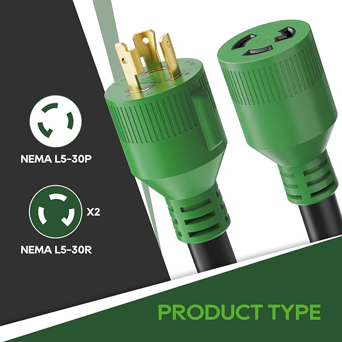 RVGUARD Generator Splitter NEMA L5-30P to 2X L5-30R 3 Prong 30 Amp to 30 Amp Generator Y Adapter
