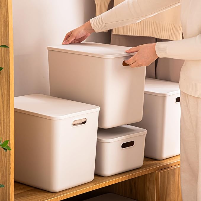 Plastic Storage Bins with lidsStorage BasketsContainer with handleStorage Organizer Bins for ShelvesOfficeBedroomsClosets Cabinets(Grey4XL)