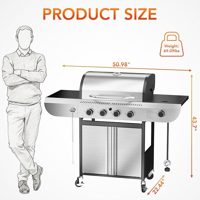 R.W.FLAME 4-Burner Propane Gas Grill 42000 BTU BBQ Grill with Side Burner Porcelain-Enameled Grates Stainless Steel Outdoor Grill for Backyard Patio Barbecue