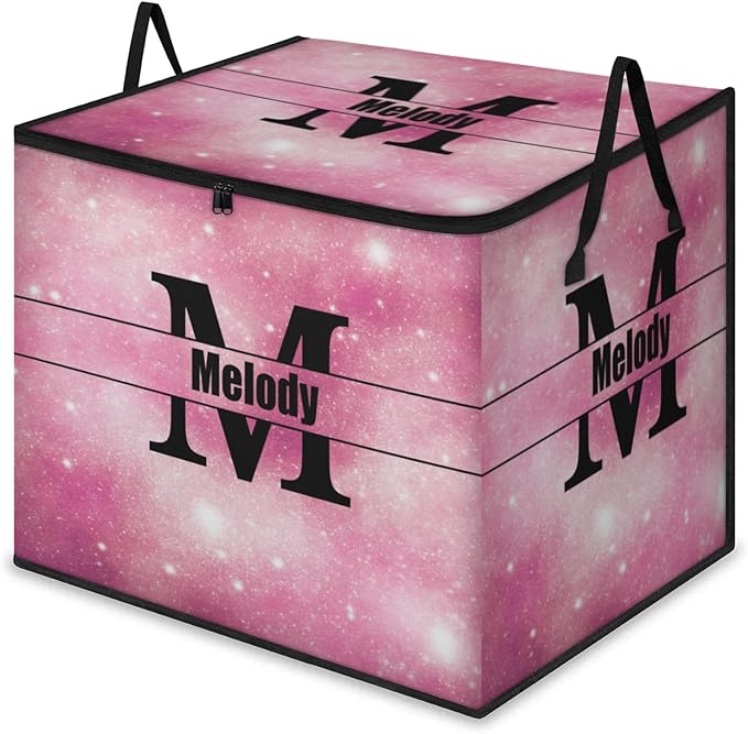 Personalized Extra Large Storage Bins with Lid Customized Name Jumbo Storage Basket Rectangle Clothes Organizer for Organizing Kids and Pets Toys Shelf Closet Pink Galaxy with Initial Letter