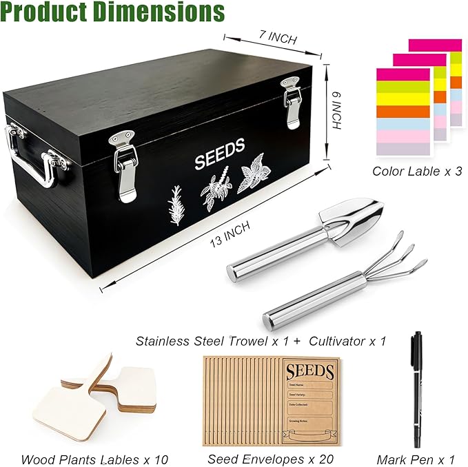 Natural Bamboo Seed Storage Organizer Box – Large Seeds Saver Kit Included Stainless Steel Garden Tools 20 Seed Envelopes 10 Wooden Plant Labels Mark Pen &amp 3 Color Stickers