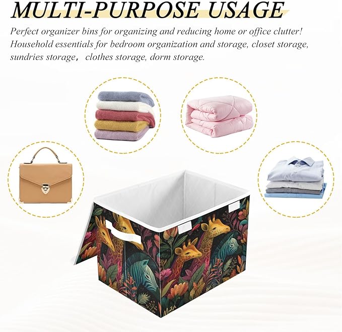 Fantasy Jungle Giraffes Zebra Black Collapsible Storage Bins with Lids Decorative Fabric Cubes Closet Organizer Basket Boxes Containers for Clothes Box Chest Folding Rectangl