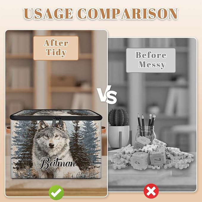Storage-Bins with Lids Personalized Closet-Storage-Bins Under-Bed Stackable-Cubes-Box for Home Bedroom Wolf