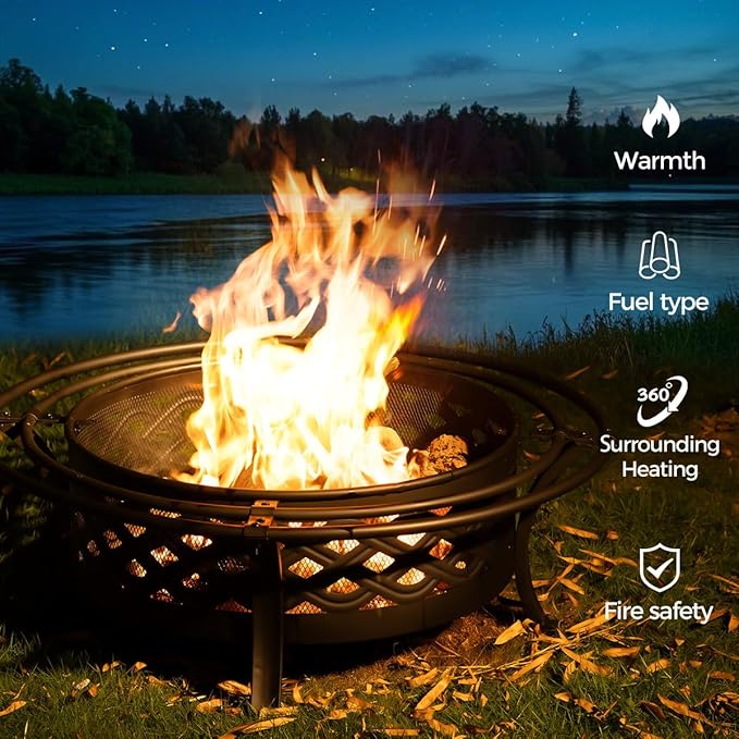 Panovue 42 Inch Outdoor Fire Pit with 2 LoopsCrossweave Wood Burning Fire Pits for Outsidewith Spark ScreenFire PokerRound Metal Firepit for PatioBackyardBeachCampingBonfire(42''Black)