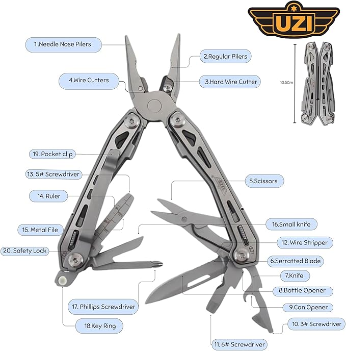 UZI Multifunctional 20-in-1 Multitool with Scissors Glass Screwdriver Wire Stripped Bottle Opener &amp More | Multi Tool Pocket Knife for Camping Fishing Hunting | Hiking Essentials | EDC Tools