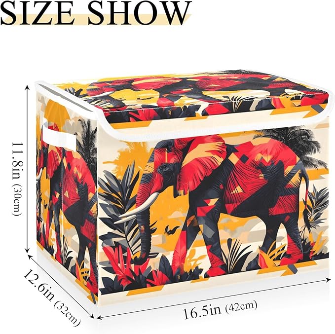 AIXIWAWA Lidded Storage Cube (Art Elephant) Fabric Foldable Closet Bins with Flip Lid and Handles Organizer Basket Container 16.5 x 12.6 x 11.8 IN