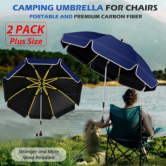2PACK 48.8 inch Large Beach Umbrella with Clamp Sun Shade for Beach Chair360°Adjustable UV Protection Golf Umbrella with Clip for Outdoor Stroller Wheelchair Camping Chair