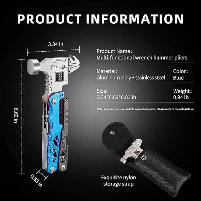 18-in-1 Multitool Hammer with Adjustable Wrench Stainless Steel Multi Tool Pliers All-in-One Survival Camping Tool Gift with Pocket Knife Hammer Saw Screwdrivers Bottle Opener Carrying Pouch
