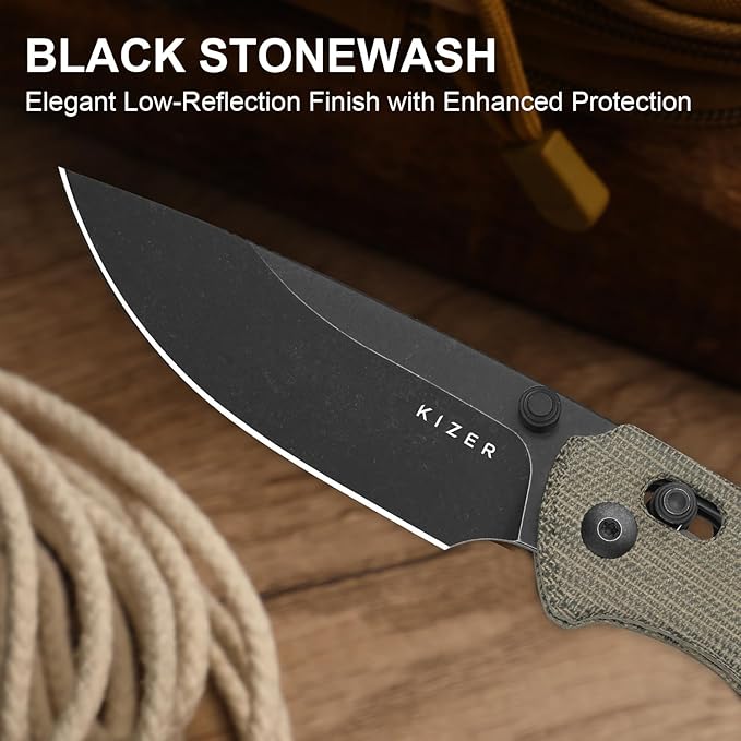 Kizer T1 CD EDC Pocket Knife 3.2 Nitro-V Steel Drop Point Folding Knives with Micarta Handle Sided Thumb Studs Opener Clutch Lock for Camping Hiking Fishing V3490.2CA1