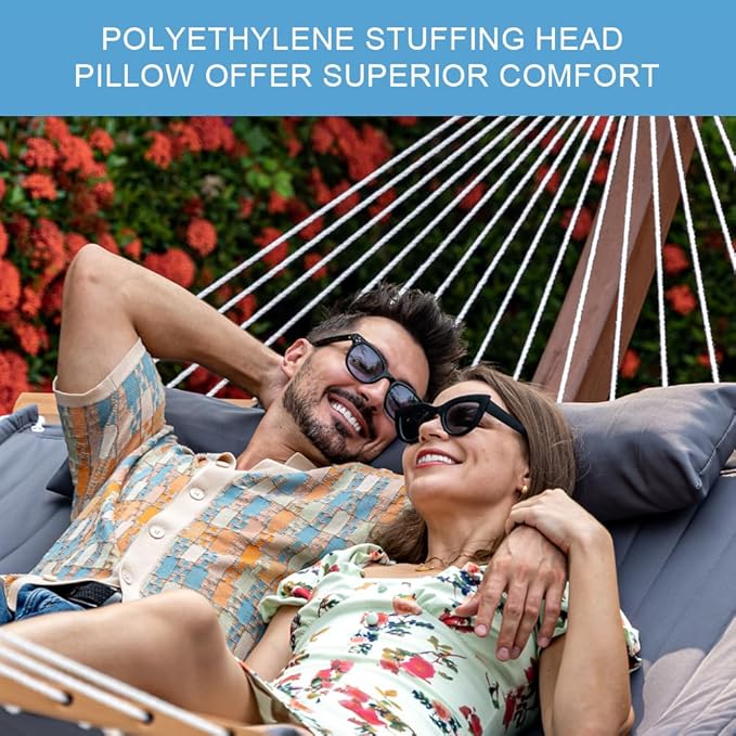 Lazy Daze Hammocks 12 FT Double Quilted Fabric Hammock with Spreader Bar and Detachable Pillow 2 Person Double for Outside Patio Poolside Backyard Beach 450lbs Capacity Gray