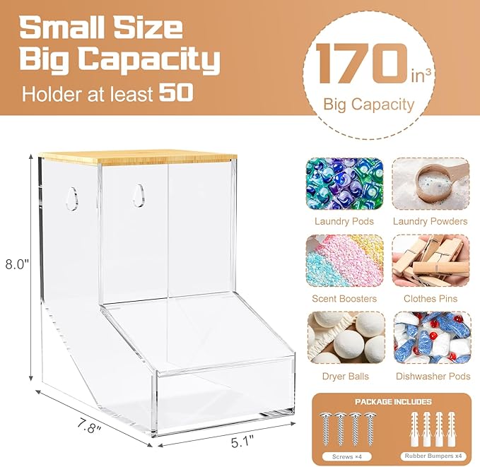 JYPS Laundry Pods Container Acrylic Dishwasher Pods Holder w/ 2 Lids Dispenser For Powder Dryer Balls Beads Soap Organizer For Room Desktop / Wall Mount Snack Candy Organization Storage
