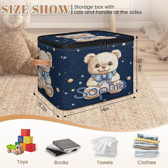 Custom Storage Basket with Name Personalized Storage Bins with Zipper Lid Foldable Fabric Storage Box Large capacity with Handle Starry Sky Bear