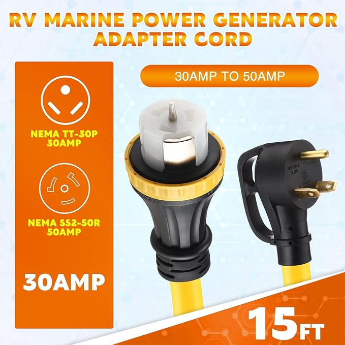 15ft 30 Amp to 50 Amp RV Locking Adapter Cord Compatible with Nema TT-30P Male to SS2-50R Locking Female Power Dog Bone Plug for RV Trailer Camper STW 10 Awg/3c
