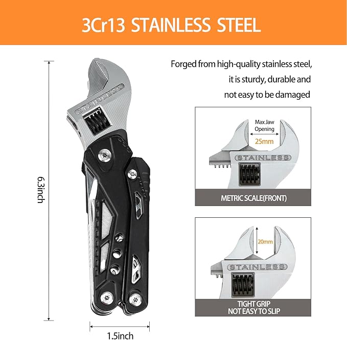 14-in-1 Adjustable Wrench Multitool EDC Compact Multi Tool with Pliers Knife Saw Screwdrivers 30Cr13 Stainless Steel Tool for Home Repair DIY Camping Hiking and Outdoor Use