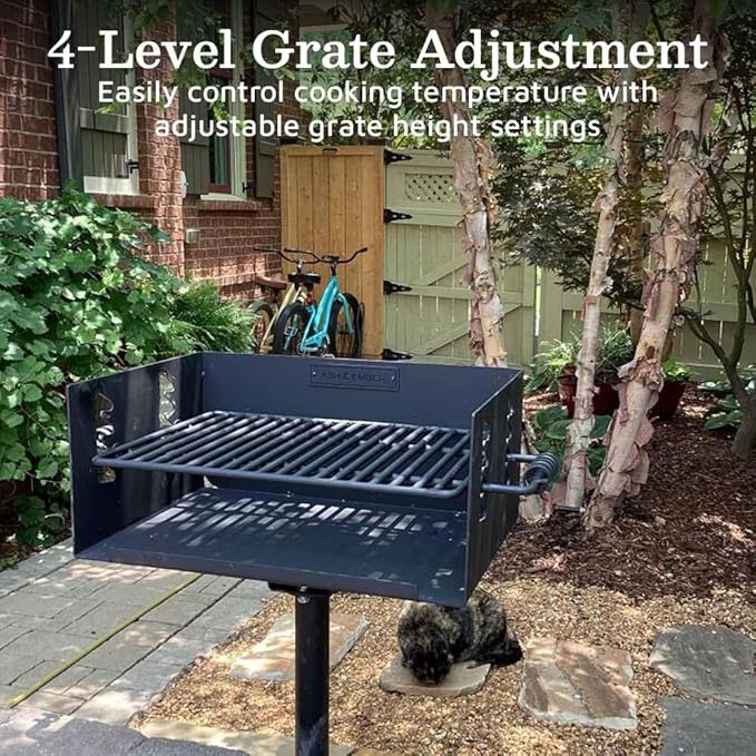 Ash &amp Ember 384 Sq. In Park-Style Charcoal Grill Single Post Barbeque Grill with Bolt-Down Base Adjustable Grate Height with Spring Handles Outdoor Camping &amp Backyard BBQ Cookout