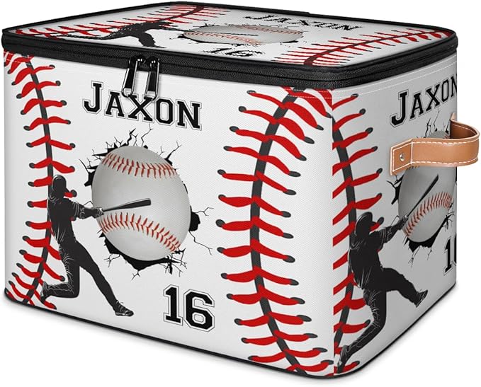 Custom Baseball Ball Storage Bins with Lid Foldable Personalized Storage Basket Boxes with Handle Baseball Shelf Basket Closet Organizer Cube