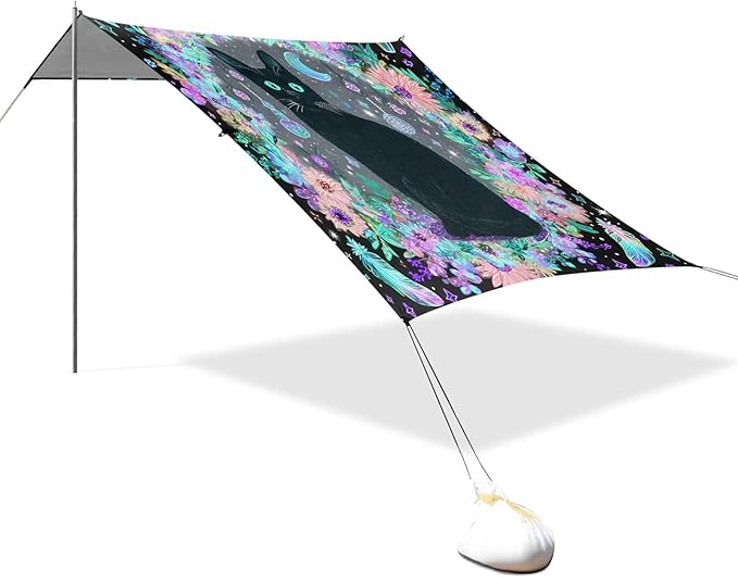 ALAZA Black Cat Witchy Boho Beach Tent Sun Shelter UPF50+ Protection Beach Shade Canopy w/ 4 Sandbags for Outdoor Camping Fishing Backyard Fun Picnic 10x9 ft