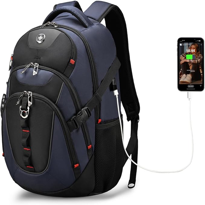 Swissdigital Design Laptop Backpack with USB Charging Port Travel Backpack Fits 15.6 inches Computer 31L College School Backpack for Men Blue/Black | SD803-12