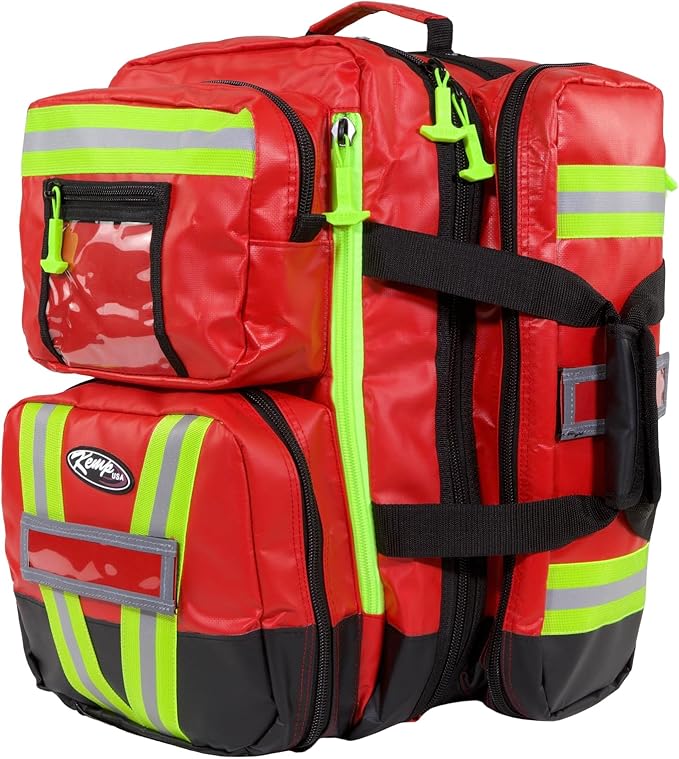 Kemp USA Heavy-Duty EMT Bag Made with Fluid-Resistant Tarpaulin Material - Emergency Survival Kit with Room for D O2 Tank - Medical Backpack with Multiple Handles (Tarpaulin Fabric Red)