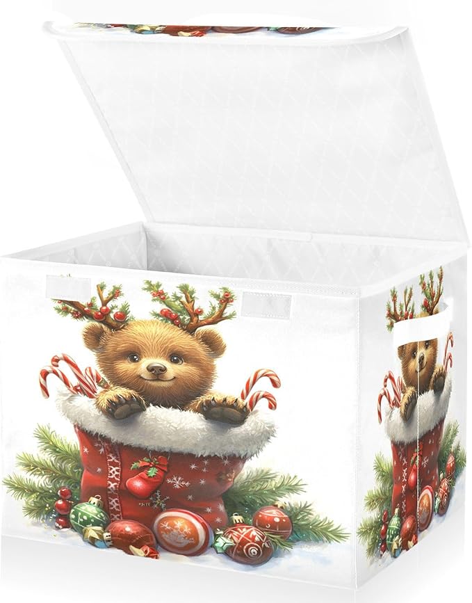 Christmas Baskets Collapsible Storage Bins with Lids Christmas Bear Storage Boxes Clothes Baskets for Organizing
