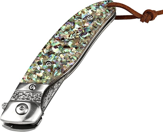 ALBATROSS Premium Damascus Pocket Knife - EDC Folding Knife with Abalone Shell Handle Ball Bearing Opening Liner Lock System - Everyday Carry for Outdoor Hunting Collection - HGDK028-AS