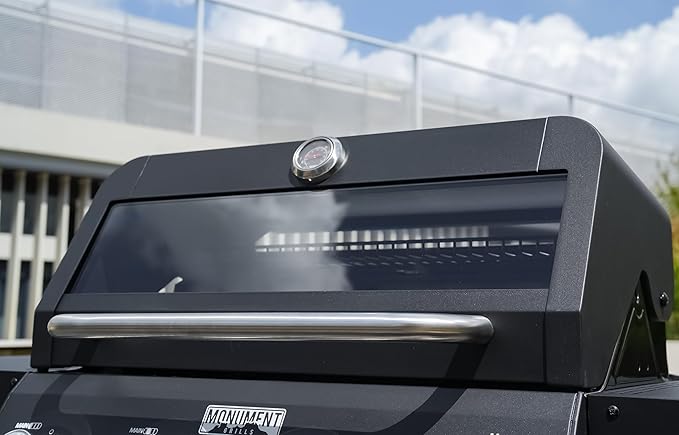 Monument Grills 4-Burner Liquid Propane Gas Grill Matte Black Stainless Steel Burner Grill with Clearview® Lid and One Foldable Shelf for Outdoor Cooking Kitchen Patio Backyard Barbecue Mesa420MF