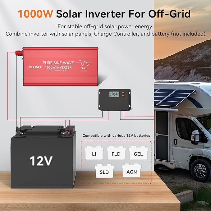 ALLWEI Pure Sine Wave Inverter - 1000 Watt Inverters 12V DC to 110V/120V AC Converter for Home RV Truck Off-Grid Solar Car Power Inverter with 2 Sockets Power Inverters for Vehicles 2000W Peak