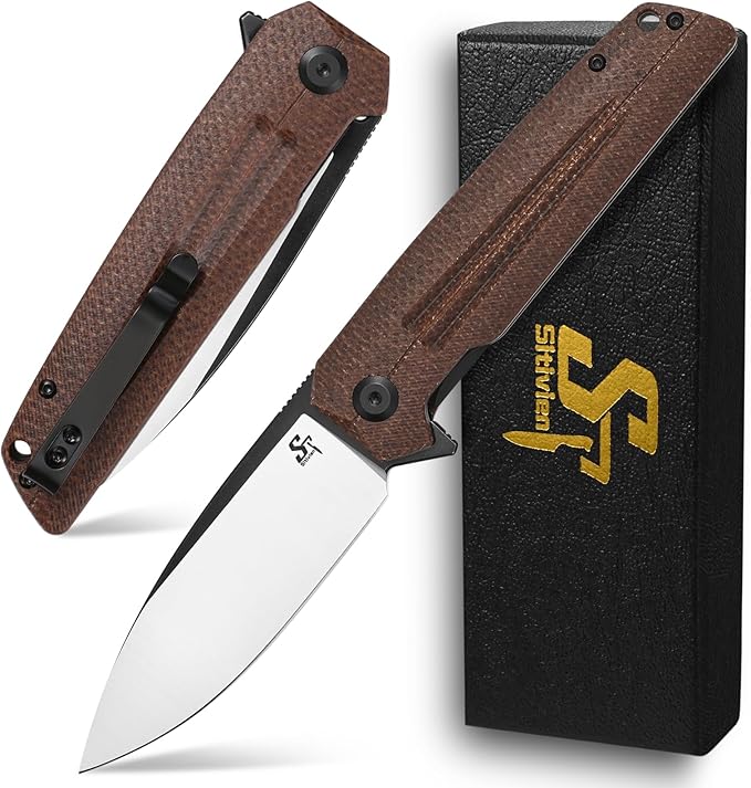Sitivien ST152 Folding KnifeK110(D2) Steel Blade with Micarta Handle EDC Tool Knife for Outdoor CampingHikingFishing(Brown)
