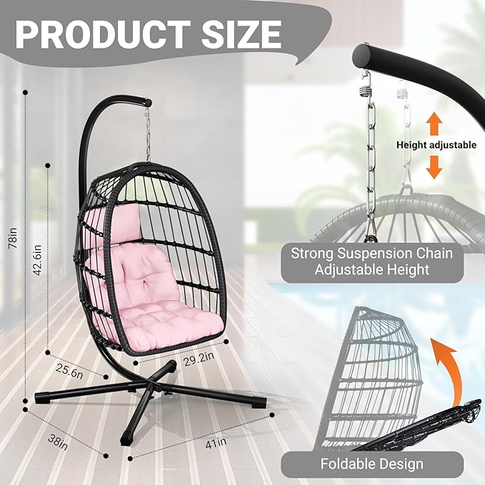 LEVELEVE Egg Chair with StandPatio Rattan Wicker Hanging Swing Egg Chair Hammock Chair for Bedroom Porch GardenThickened Aluminum Alloy Steel Frame and UV Resistant Cushion350LBS Capacity