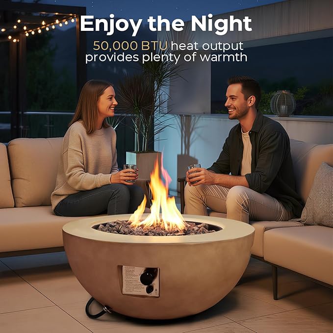 31.5 Inch Round Propane Fire Pit Table - Concrete Round Fire Bowl 50000 BTU Natural Gas Firepit Burner with Steel Lid Lava Rocks Waterproof Cover for Outside Patio Backyard Party