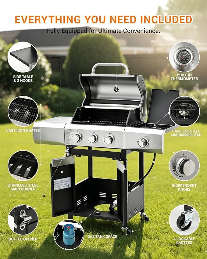 EUHOME 40500 BTU 3-Burner Propane Gas Grill with Side Burner Stainless Steel Outdoor BBQ Grill with 380 sq.in Cooking Space 4 Swivel Casters &amp Cast Iron Grates for Patio Backyard Garden