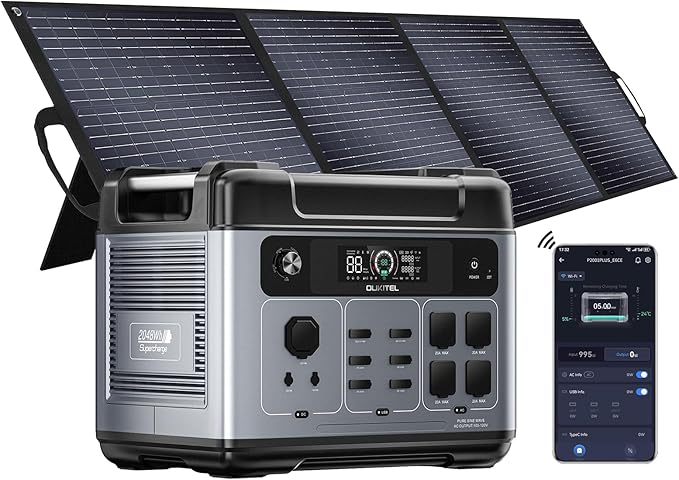 OUKITEL P2001 Plus 2400W Solar Generator with 200W Solar Panel 2048Wh Solar Power Station with 4 AC Outlets(5000W Peak) 1.5H Full Charging APP Control Battery Backup for Home Camping &amp RVs