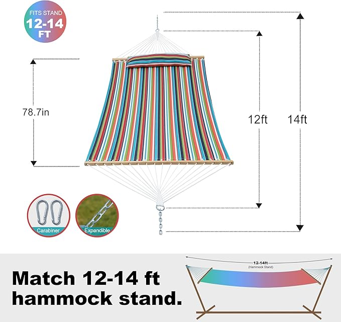 GAFETE Hammock 2 Person Quilted Fabric Hammocks for Outside Double 12ft Hammocks with Spreader Bar Large Removable Pillow Storage Bag Carabiners Max 475 lbs Capacity (Tropical)