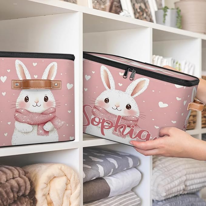 Custom Storage Basket with Name Personalized Storage Bins with Zipper Lid Foldable Fabric Storage Box Large capacity with Handle Scarf Bunny
